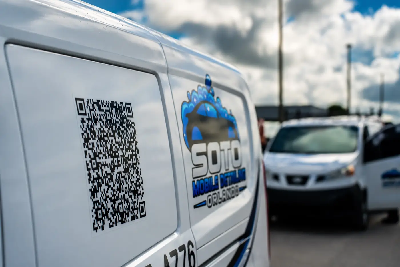 Mobile detailing company in Orlando, FL Soto van with the QR code and the Soto Mobile Detailing Orlando logo